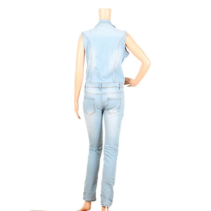Combinaison en jean pour femme, coupe ajustée et sexy, fermeture éclair, sans manches, col en V, taille haute, barboteuse tendance en jean