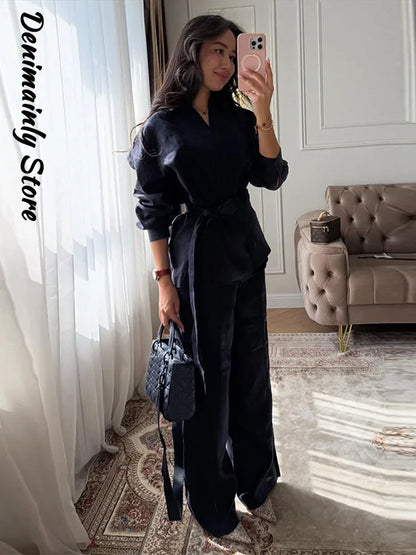 Ensemble décontracté pour femme en lin, 2 pièces, chemise ample à lacets et boutons, pantalon large, collection printemps-été 2026, tenues de vacances pour femme