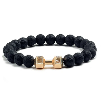 Bracelet en pierre volcanique naturelle pour hommes, perles mates noires, breloque haltère, bracelets à breloques pour femmes, bijoux de fitness