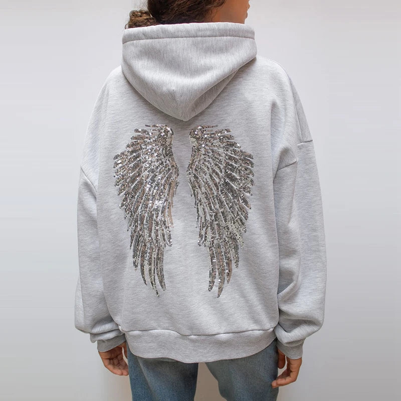 Sweat à capuche oversize décontracté femme, avec ailes d'ange à paillettes, coupe ample, gris, manches longues, streetwear, chaud, pullover, hiver 2025, pour femme, tenue quotidienne, nouveauté