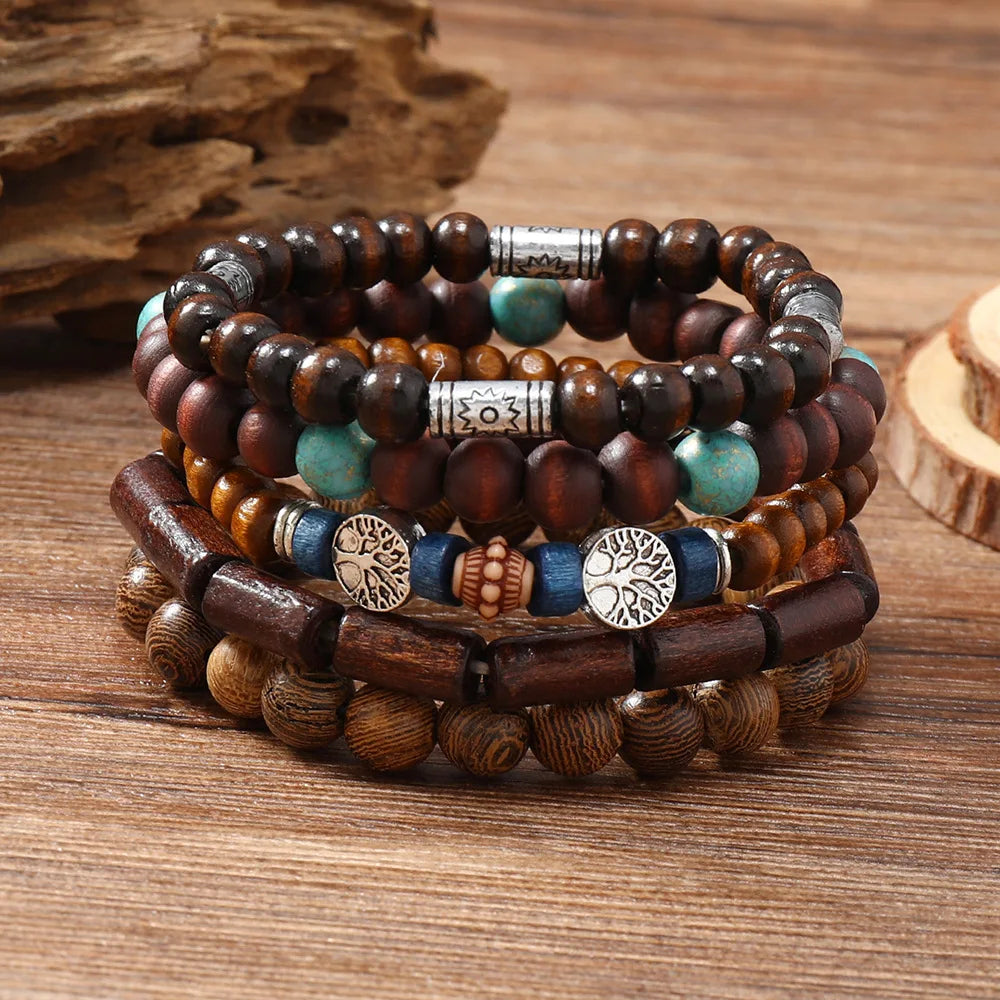 5Pcs Wood Beads Beaded Bracelet Set For Men Women Vintage Wood Beads Elastic Chain Bangle Fashion Daily Party Jewelry
