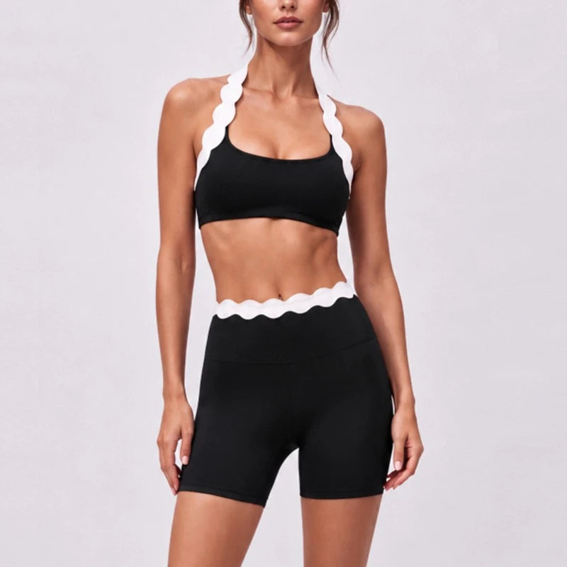 Women 2 Piece Yoga Set Contrast Scalloped Trim Halter Sports Bra Criss‑Cross Back High Waist Leggings Workout Clothes Gym Set