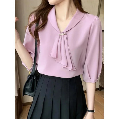 Blouses chemises d'été pour femmes, élégantes, style bureau, OL, manches courtes, col lavallière, couleur rose