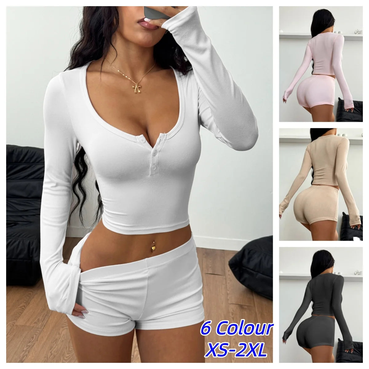 Women's Matching Sets 2 Piece Pajamas V Neck Button Down Cropped Tops Sexy Y2k Bodycon Shorts Loungwear Clothes Drop Shipper