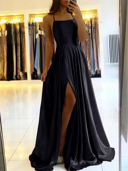 Élégante Robe Longue Femme Satin de Plage Sexy Fente Dentelle Robe de Soirée Bal Bretelles Réglables Robes de Demoiselle d'Honneur