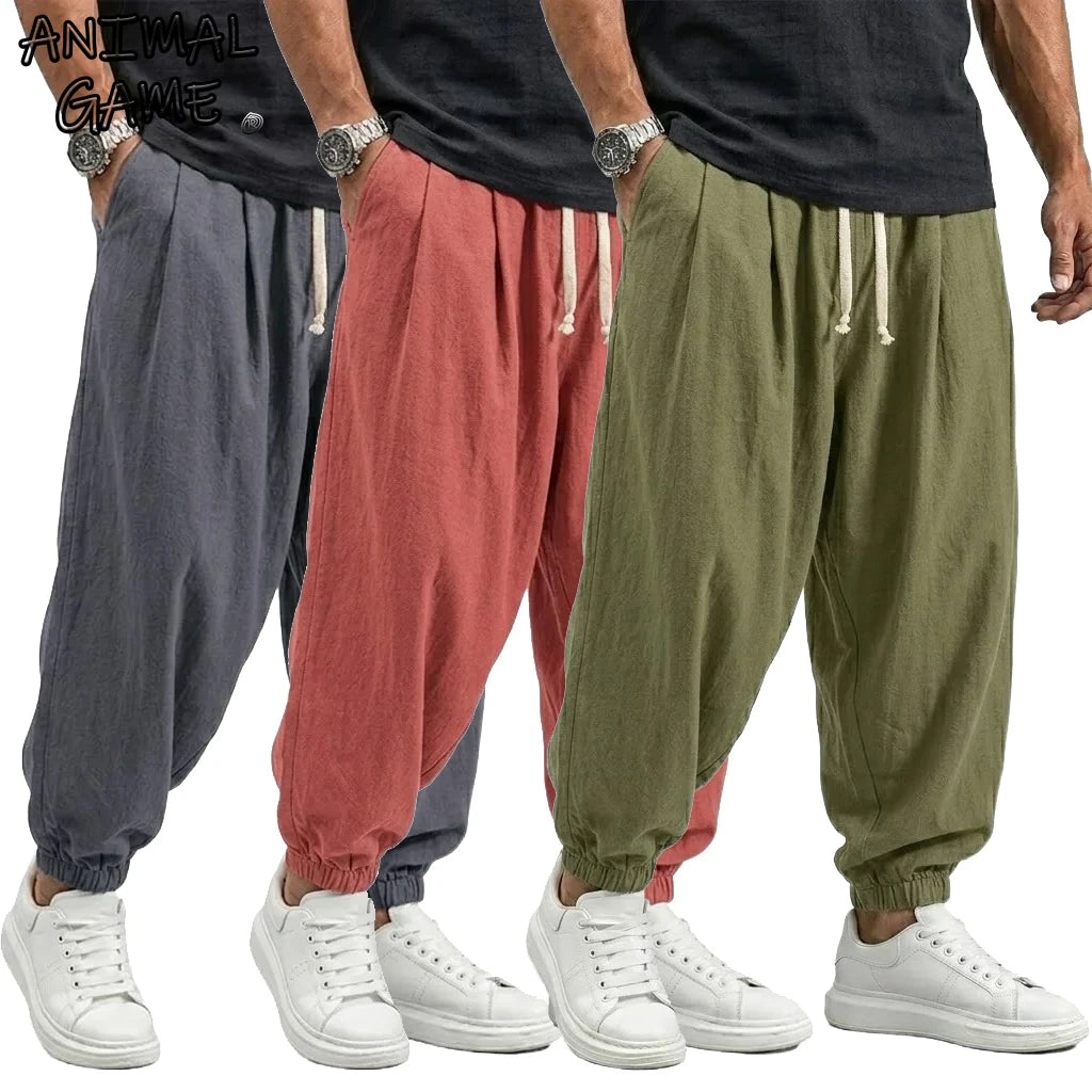Pantalon en coton et lin coréen pour homme, pantalon de sport, décontracté, de travail, sarouel de printemps, automne, avec cordon de serrage, ample, streetwear