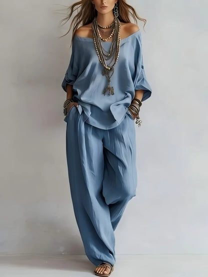 Women's 2 Piece Outfit Casual Loose Off Shoulder Long Sleeve Top & Wide Leg Pants Set Elegant Solid Color  Matching for Summer