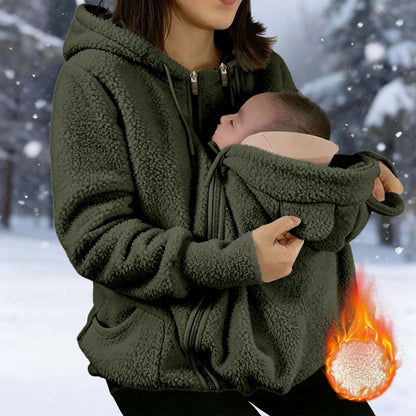 2 in 1 Warm Fleece Hoodie Coat with Baby Carrier Long Sleeve Faux Fur Plush Sweatshirt Outdoor Mom's Hoodie Jacket Baby Bag