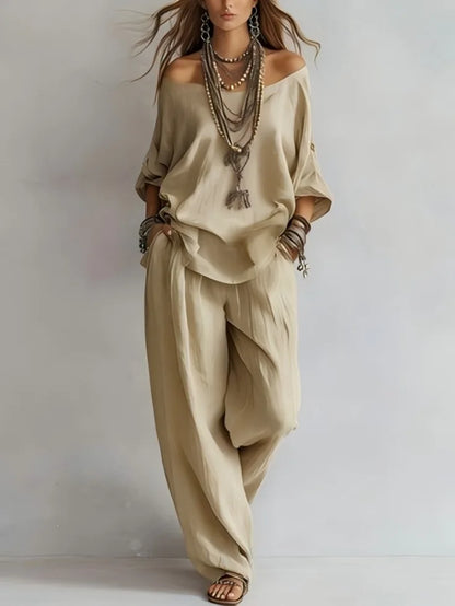 Women's 2 Piece Outfit Casual Loose Off Shoulder Long Sleeve Top & Wide Leg Pants Set Elegant Solid Color  Matching for Summer