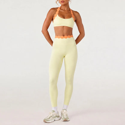 Women 2 Piece Yoga Set Contrast Scalloped Trim Halter Sports Bra Criss‑Cross Back High Waist Leggings Workout Clothes Gym Set