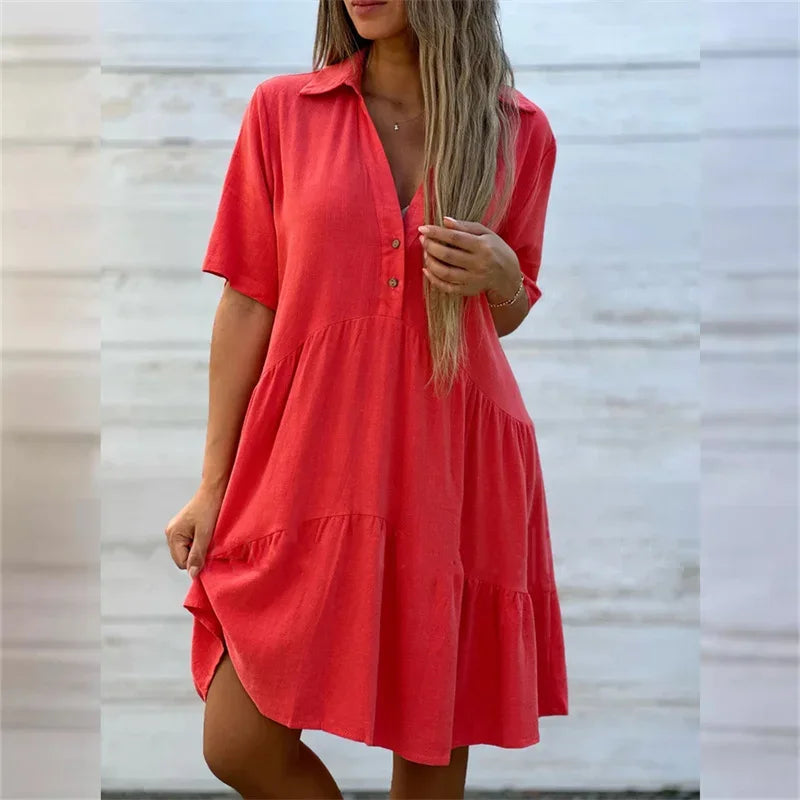 Robes en coton et lin de couleur unie pour femmes, robe patchwork à revers et boutons, robe d'été décontractée, taille haute, manches courtes, tenue féminine.