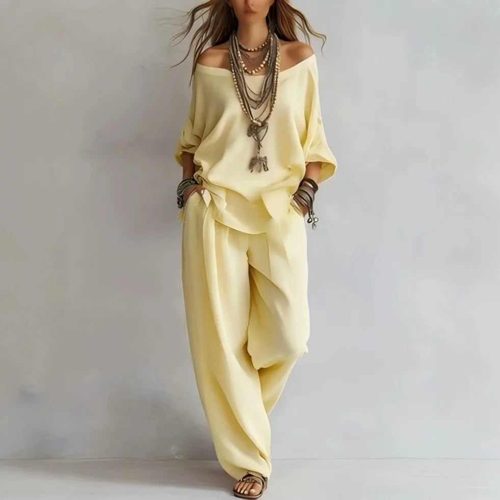 Women's 2 Piece Outfit Casual Loose Off Shoulder Long Sleeve Top & Wide Leg Pants Set Elegant Solid Color  Matching for Summer