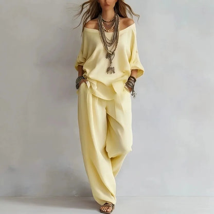 Women's 2 Piece Outfit Casual Loose Off Shoulder Long Sleeve Top & Wide Leg Pants Set Elegant Solid Color  Matching for Summer
