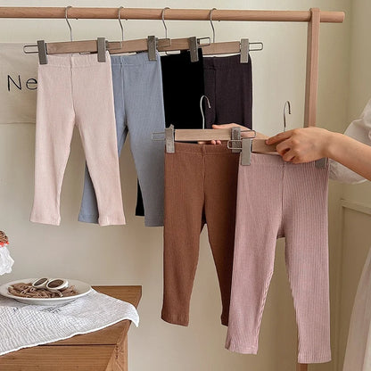 Children's Solid Color Leggings Cotton Ribbed Toddler Pants Versatile Inner Outer Wear Gender Neutral Kids Trousers
