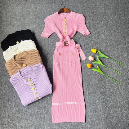 YuooMuoo 2026 Autumn Winter Women Knitted Dress Brand Fashion O-neck Buttons Bodycon Sweater Dress with Belt Lady Office Dress
