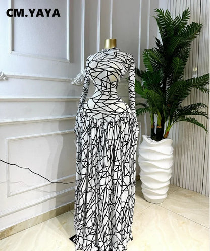 CM.YAYA Robe longue maxi imprimée à manches longues et col rond pour femme 2026, pour soirée, anniversaire, vacances, fête sexy, club, Vestidos