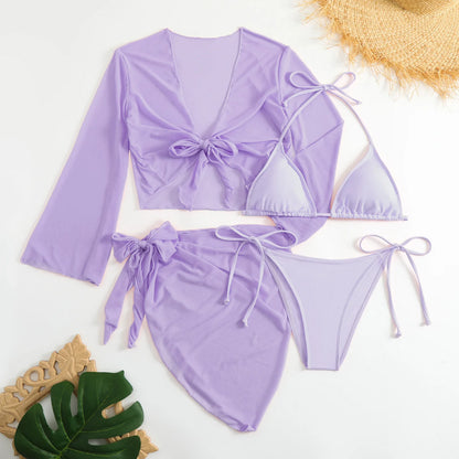 Ensembles de bikinis micro string roses pour femmes 4 pièces avec hauts en maille et jupe maillot de bain tenues de plage biquini