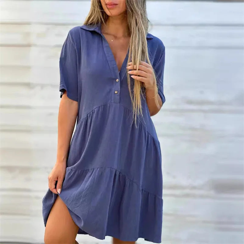 Robes en coton et lin de couleur unie pour femmes, robe patchwork à revers et boutons, robe d'été décontractée, taille haute, manches courtes, tenue féminine.