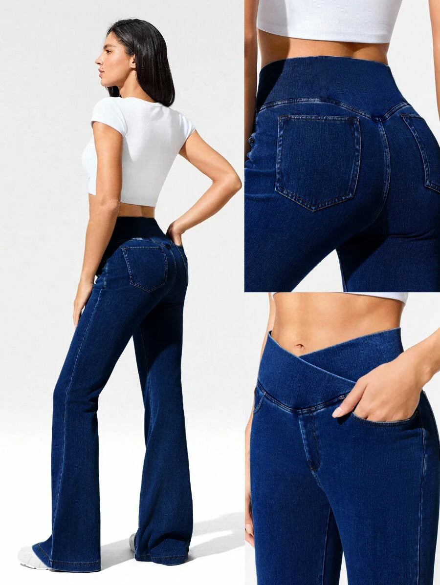 Jean amincissant polyvalent Printemps/Été Nouveau style Jean évasé taille croisée ultra-extensible pour femme Jean en maille rehausseur de hanches