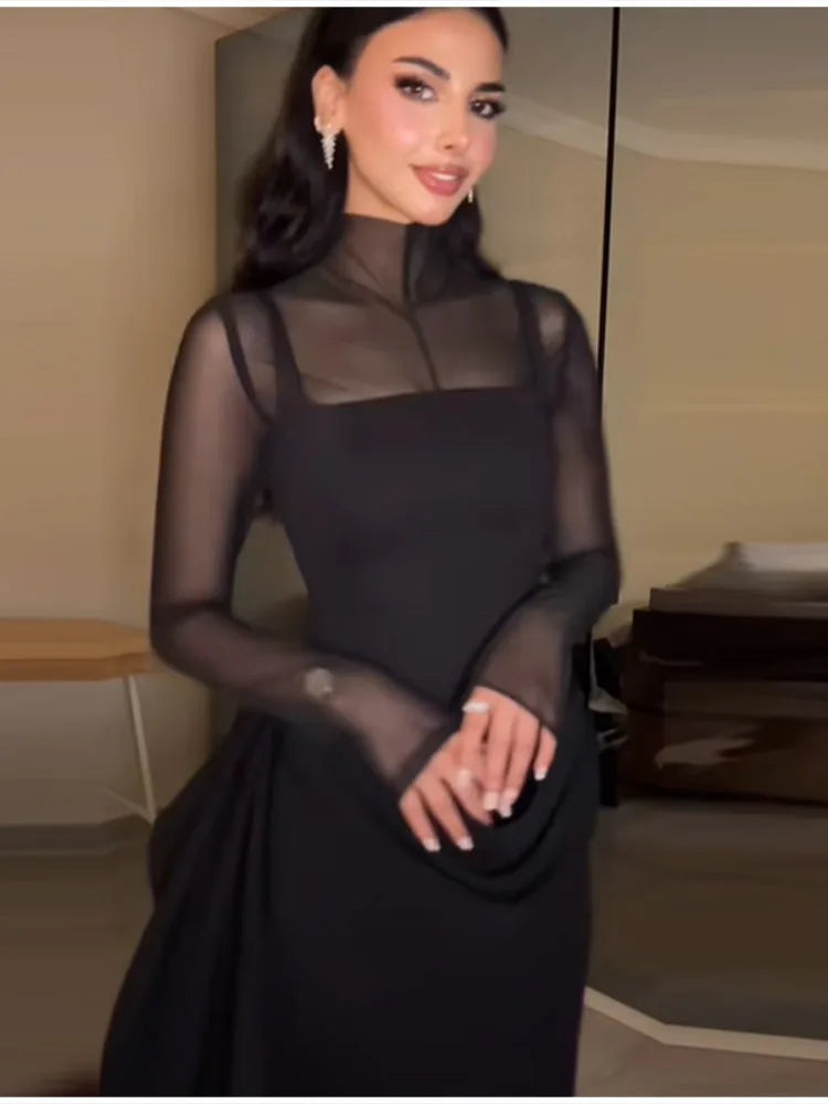 Robe longue chic et moderne avec panneaux transparents, pour femmes, style vintage, élégante et tendance, pour soirée ou tenue de printemps