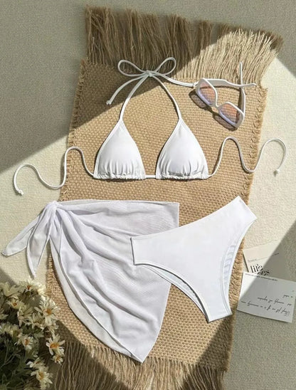 Ensembles de bikinis micro string roses pour femmes 4 pièces avec hauts en maille et jupe maillot de bain tenues de plage biquini