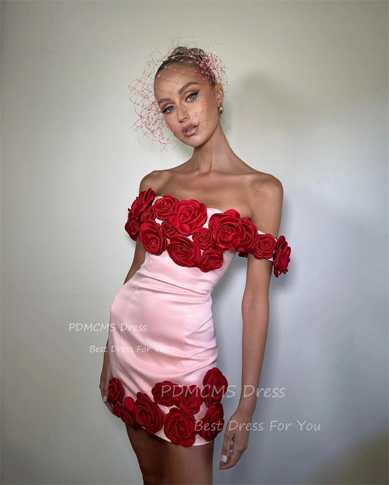 Trendy Pink Short Party Dresses Lady Red Flowers Mini Sexy Cocktail Dress Night Event Prom Gowns Boat Neck Summer Skirt Birthday