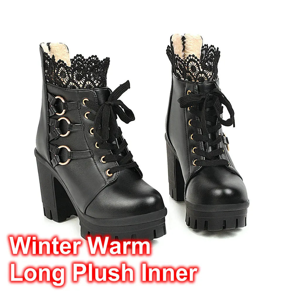 Women Chunky Platform Ankle Boots Lolita Super High Heel Lace Up Boots Sweet Lace Back Zipper Princess Cosplay Shoes Black White