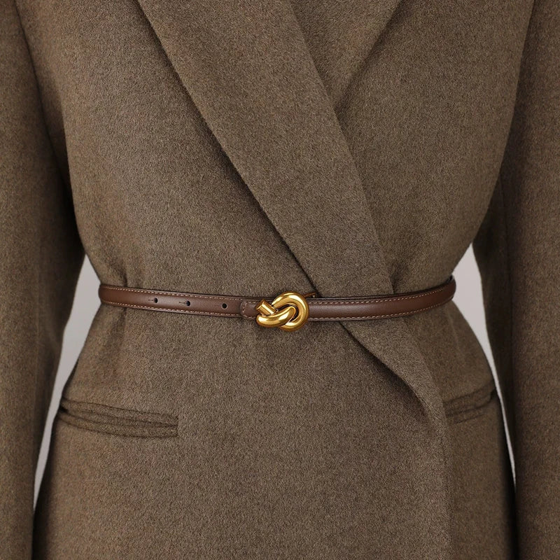 Premium Genuine Leather Women's Fashion Belt with High-Quality Metal Knot Buckle for Dresses and Jeans