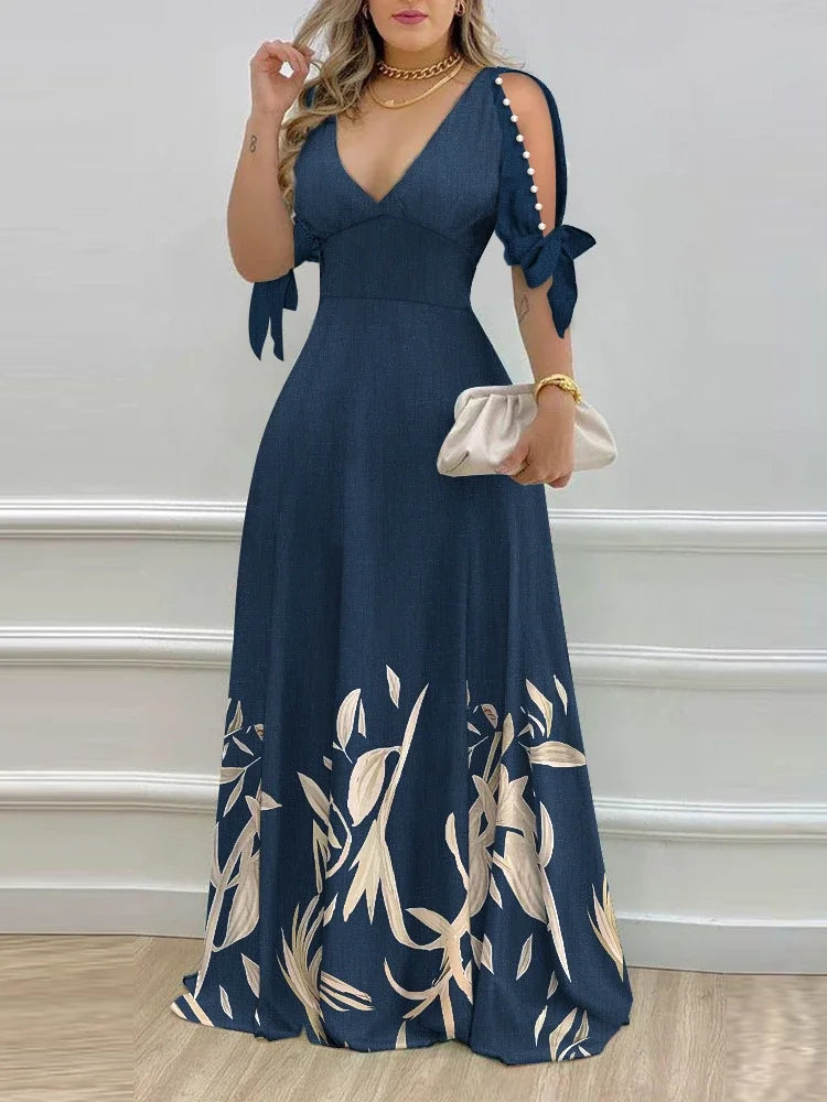 Elegant Women's Dresses Summer Fashion Split Sleeve Pearls Decor Plants Print Split Sleeve Casual V-Neck Half Sleeve Maxi Dress