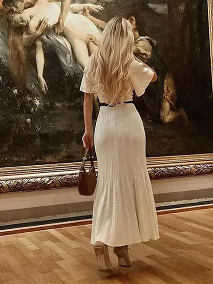 Elegant Solid Knitted Long Dress For Women Fashion O Neck Short Sleeve Single Breasted Female Robes 2024 Autumn New Lady Dresses