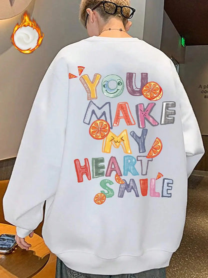 Pull décontracté femme lettre You Make My Heart Smile imprimé sweat-shirt chaud et doux à capuche ample col rond polaire vêtements féminins