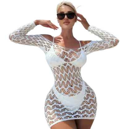 Sexy Mini Dress for Women See Through Lace Long Sleeve Party Night Club Dresses Elegant V Neck Button Slim Vestidos Beachwear