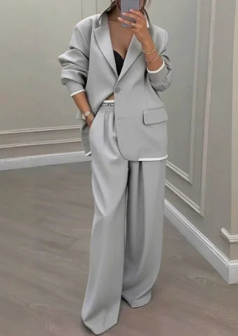 Two Piece Set Women Outfit 2025 Spring Autumn New Grey Commuting Notched Collar Long Sleeve Blazer & High Waist Pants Set