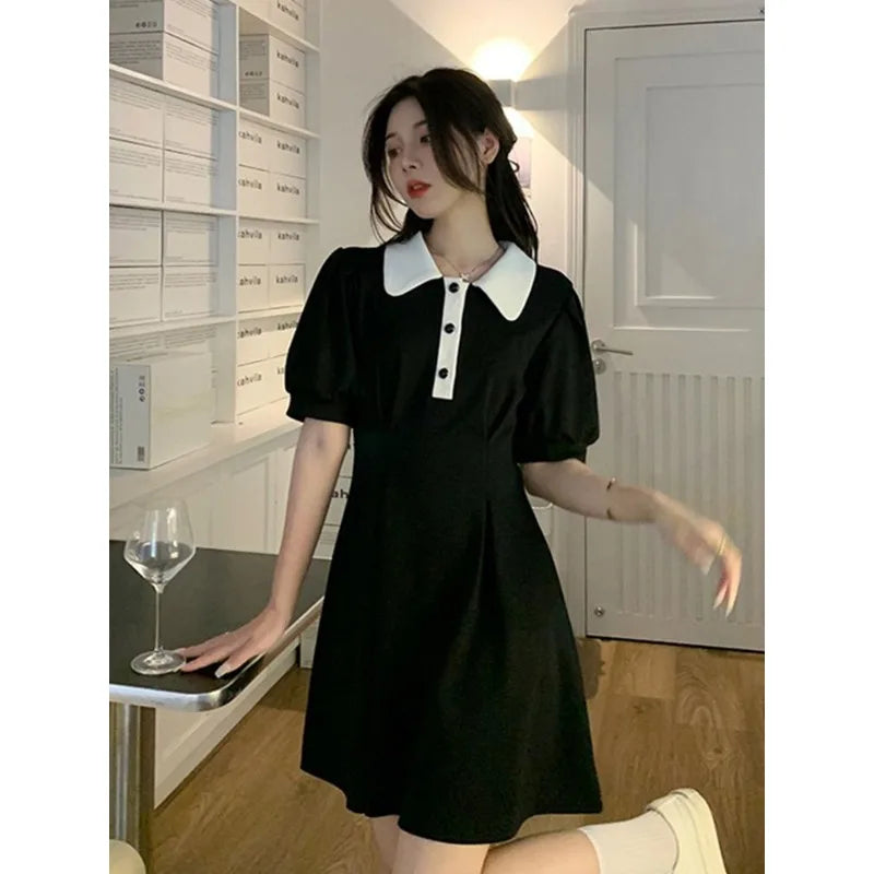 Women's Mini Dress Contrast Polo Collar with Puff Sleeves Pleated Skirt