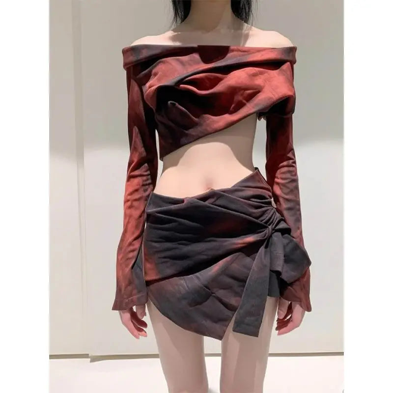 Women's Suit 2025 New Fashion One-shoulder Design Sexy and Unique Mixed-color Half-skirt Two-piece Set