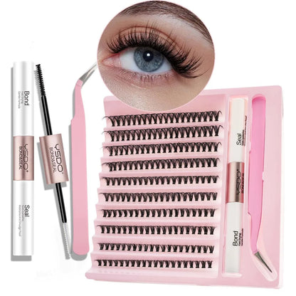 Nouveau kit de cils individuels 10 rangées - Cils groupés naturels longs à faire soi-même avec colle et scellant pour extensions de cils - Outils de maquillage Faux Cils