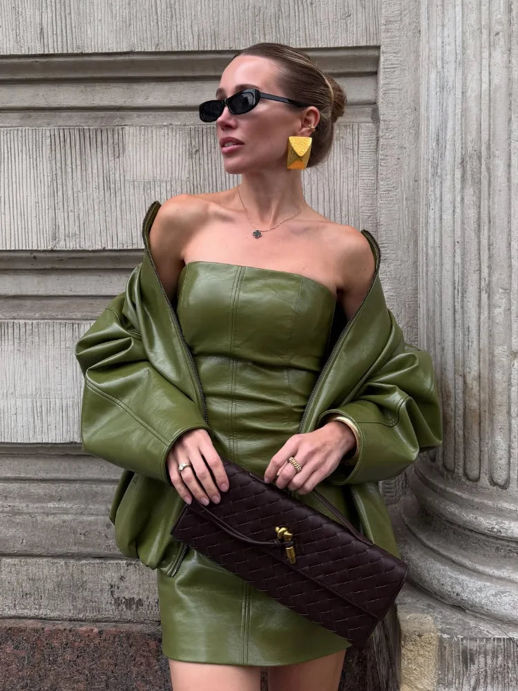PU Leather Strapless Dresses Coat Women's Two Pieces Set Vintage Stand Jackets Long Straight Skirts 2025 Autumn Street Outfits