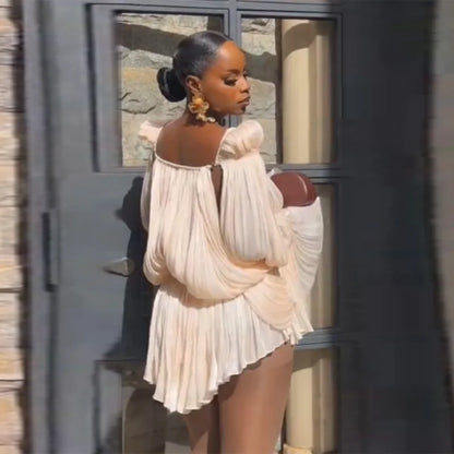 Mini-robe plissée en satin à épaules dénudées pour femmes, manches bouffantes, taille cintrée, jupe de soirée, NOUVEAUTÉ Été 2026