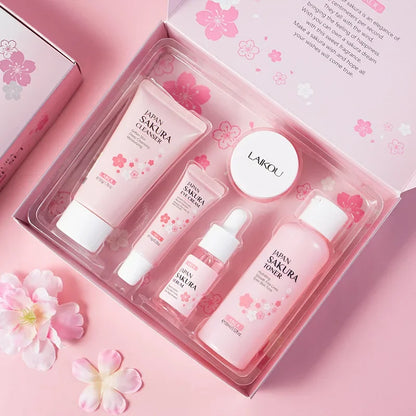 LAIKOU Sakura Kit Ensemble de Soins de la Peau Hydratant et Réducteur de Rides Fines Produit Nettoyant les Pores 5 Pièces Cadeau pour la Fête des Femmes Coréenne