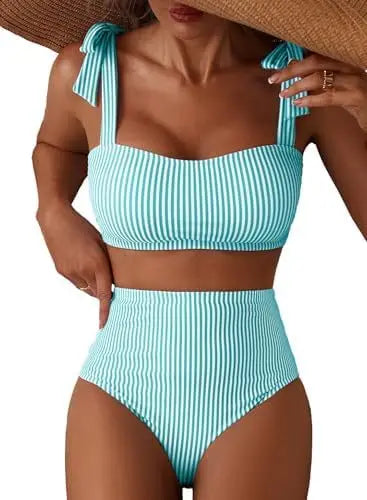 Women Two-piece Halter Vest Swimwear Sexy Striped Ruffle High Waisted Bikinis Set Female Bathing Suit Tie Strap Beachwear