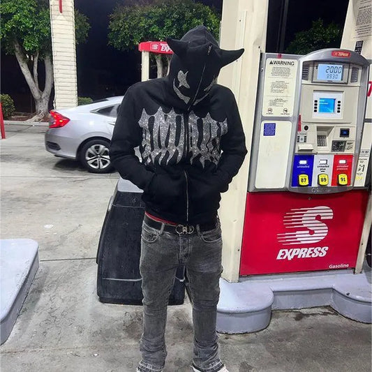 Men Y2K Fashion Hoodie Monster Horn Rhinestones Hoodie Clothes Hoodies Goth Grunge Long Sleeve Women Sweatshirt Oversized Tops