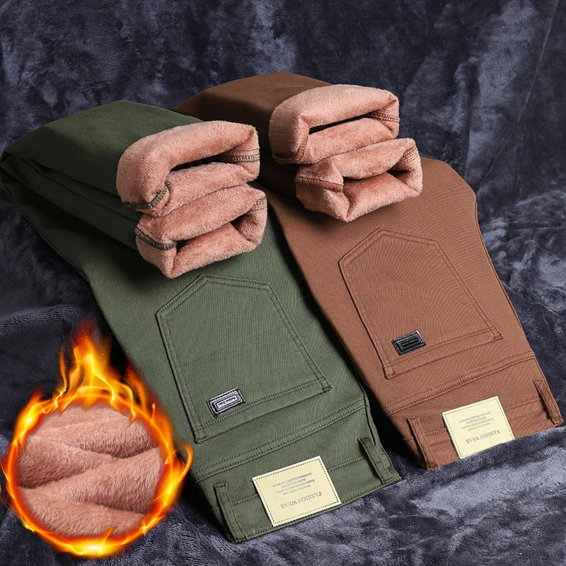 Winter Fleece Jeans Men's Cotton Soft Elastic Fit Straight Warm Plus Velvet Denim Pants Thick Fashion Korean Casual Trousers