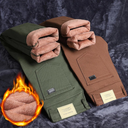 Winter Fleece Jeans Men's Cotton Soft Elastic Fit Straight Warm Plus Velvet Denim Pants Thick Fashion Korean Casual Trousers