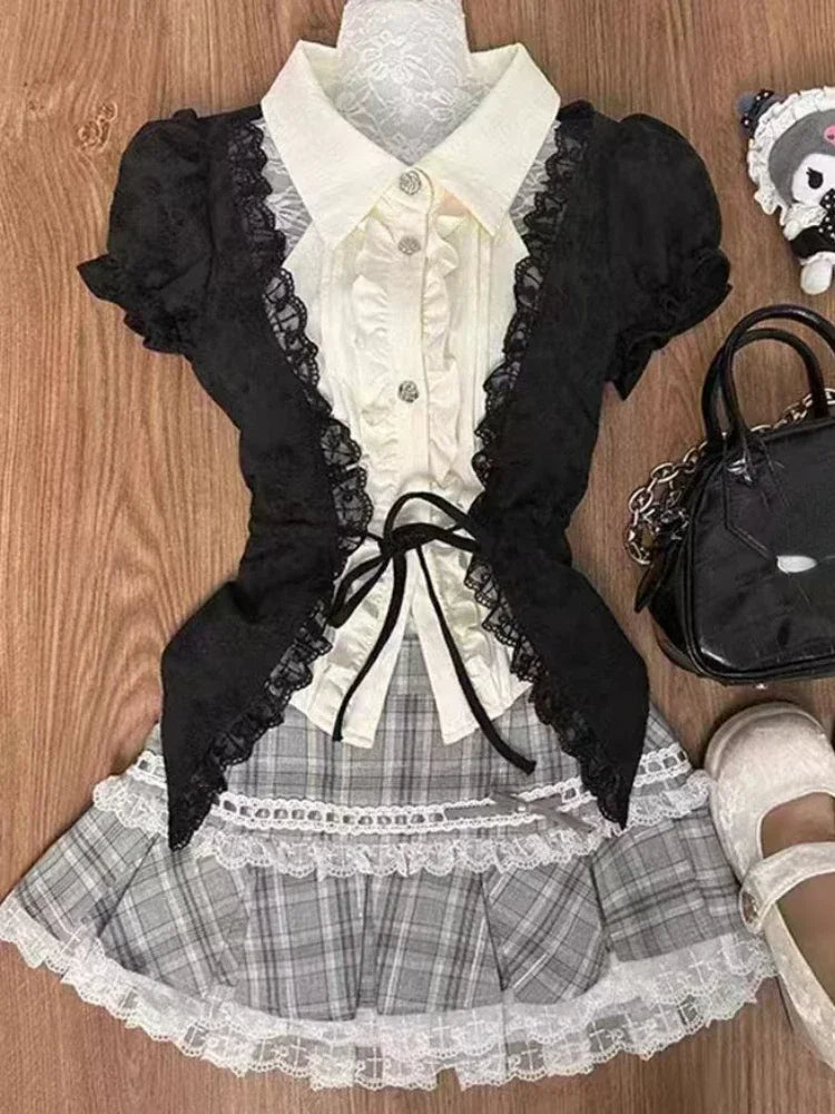 Spring Y2K Princess Outfits Women 2 Piece Sets Sweet Kawaii Bow Tops + Lace Pleated Skirt Female Retro Chic Preppy Style Clothes