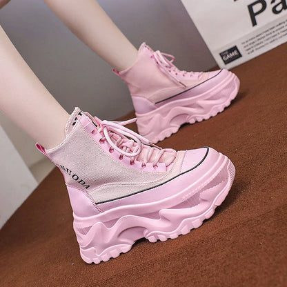 Fashion Chunky Platform Motorcycle Boots Women Autumn Winter Thick Bottom Ankle Botas Mujer White High Top Gothic Sneakers Shoes