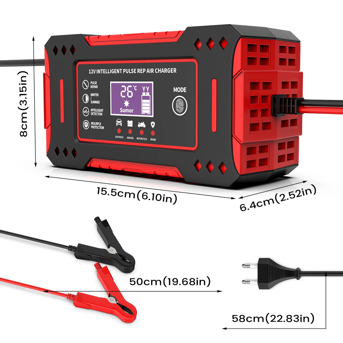 Chargeur de batterie de voiture intelligent 6A 12V avec écran LCD, unité de charge pour batteries de voiture et de moto, batterie au plomb-acide