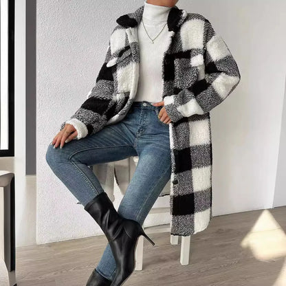 Women Long Plaid Fleece Sweatshirt Coat Autumn Winter Turn Down Collar Long Sleeve Pocket Button Loose Flurry X-Long Trench Coat