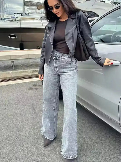 HH Jeans Évasés Taille Croisée Tendance pour Femmes Boutons Asymétriques Taille Haute Jean Baggy en Denim pour Tenues Streetwear et Y2K