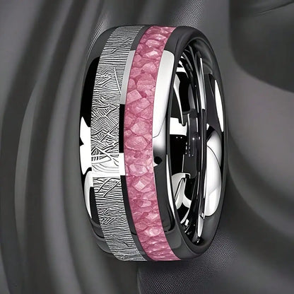 Bagues de mode en acier inoxydable argenté de 8 mm pour hommes, bagues incrustées de météorite en coquille d'ormeau rose pour hommes et femmes, bijoux de mariage