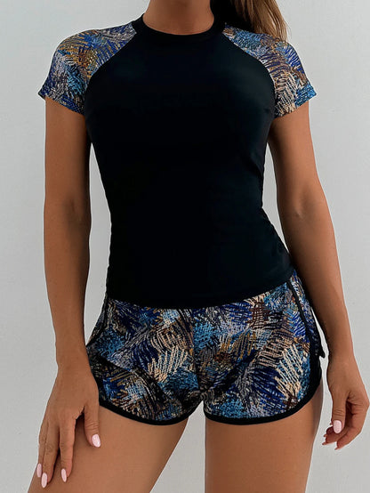 Sports Swimsuit for Women 2 Piece Swimsuit High Waist Tankini Short Sleeve Round Neck Patchwork Bikini Set Swimwear 2025 New
